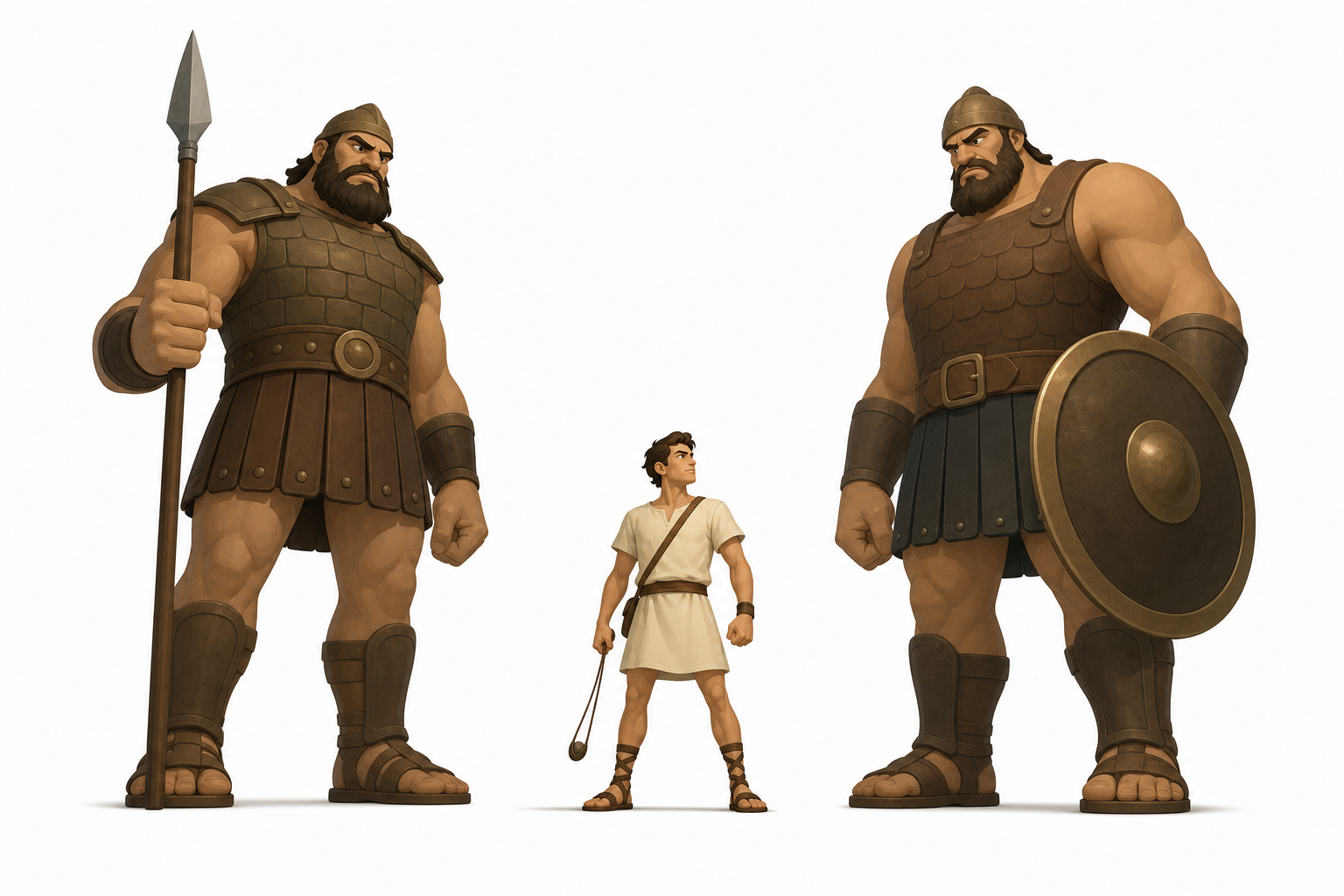 David standing between two armored Goliath warriors, holding a sling
