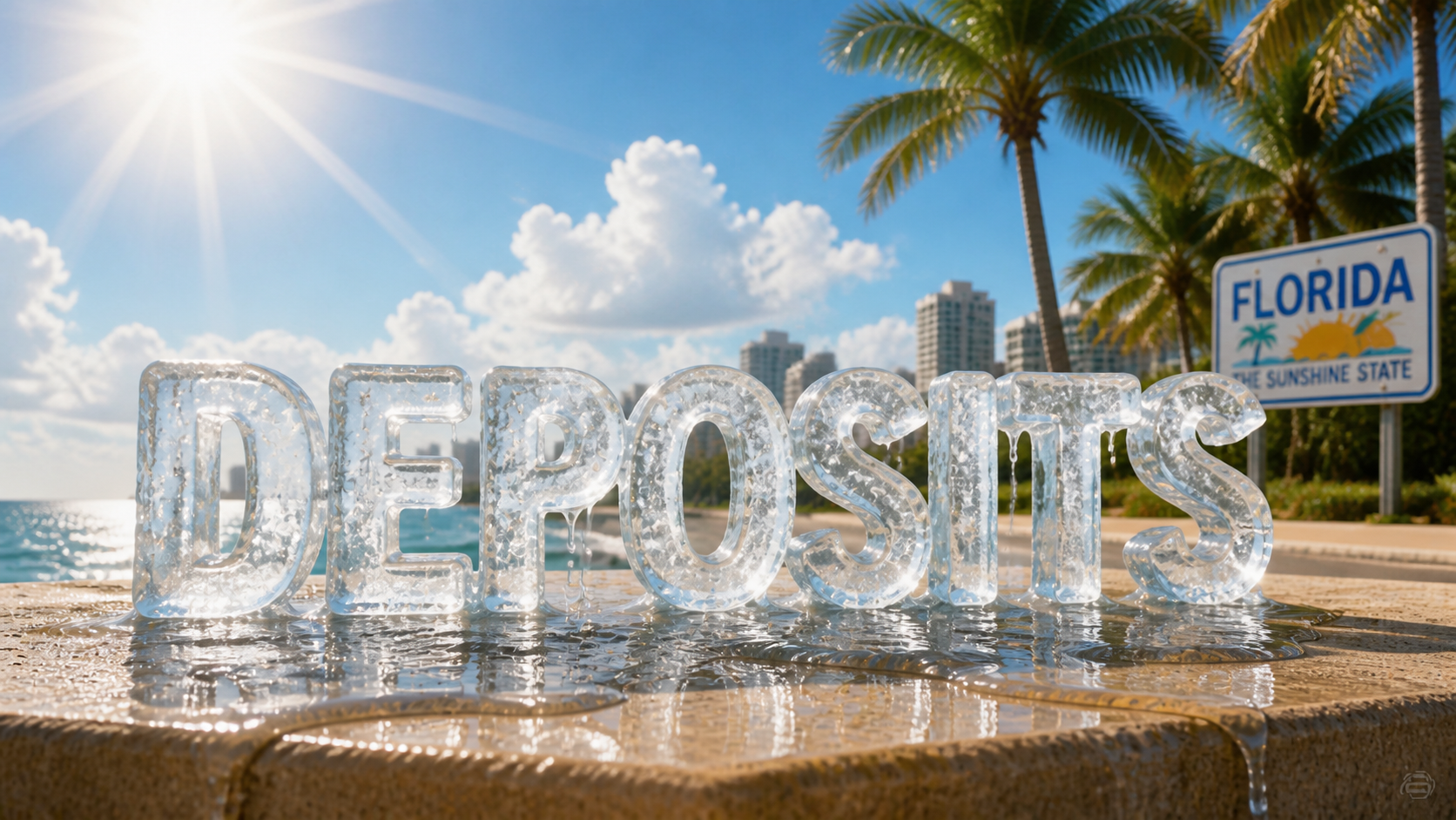 Ice letters spelling DEPOSITS melting in the Florida sun