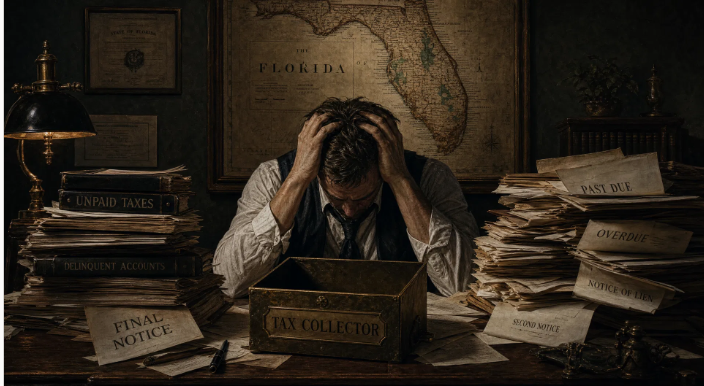A distressed tax collector surrounded by overdue notices and unpaid tax ledgers