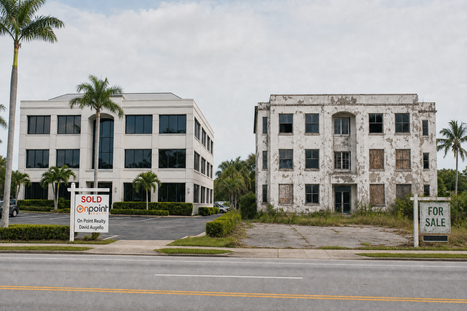 A Florida commercial street showing a well-maintained office building with a Sold sign alongside a deteriorating office building still For Sale